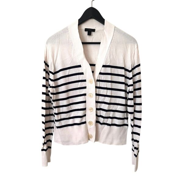 JCREW Striped Cropped Button Front Cardigan White Navy X-Large - Picture 2 of 5